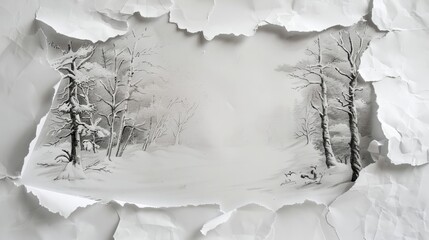 mysterious world unfolds through a tear in a worn piece of paper, revealing a snowy forest bathed in moonlight