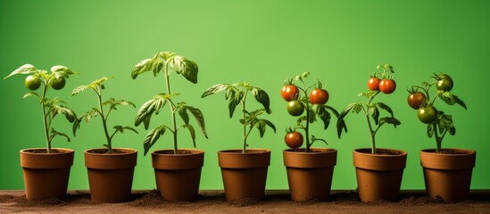 Obraz premium Minimal creative concept featuring young tomato plants in a peat pot on a green background