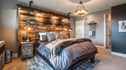 A bedroom with a reclaimed wood headboard metal pipe fixtures and plush velvet bedding.