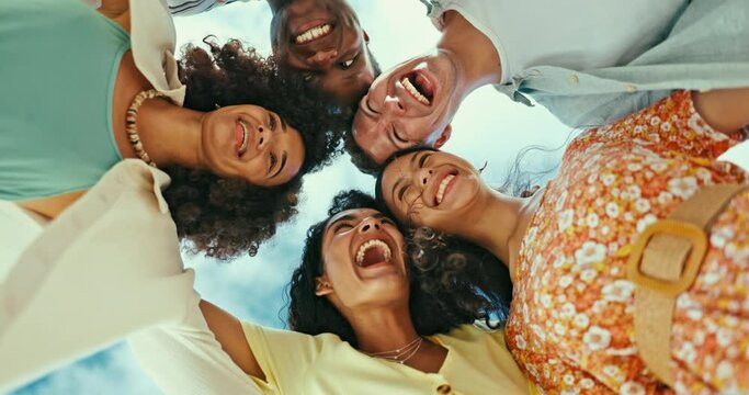 Happy, outdoor or friends with support in huddle for teamwork, motivation or solidarity together. Sky, low angle or faces of people in group for celebration of goals, target or fun mission in summer