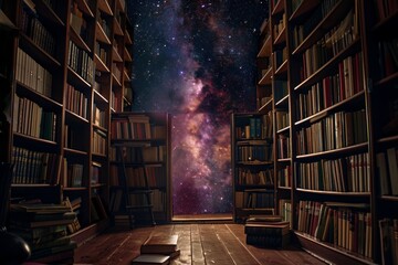 Magical library with an open book and a window to the universe, blending knowledge and fantasy in a captivating scene.

