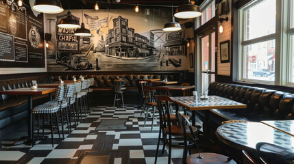 This cozy cafe has a vintage feel with black and white checkered floors and a leather banquette along one wall. The tables are adorned with black and white gingham tablecloths - obrazy, fototapety, plakaty