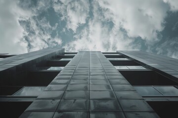 Abstract low-angle view of a skyscraper against a cloudy sky, reflecting themes of urbanization and architecture.

