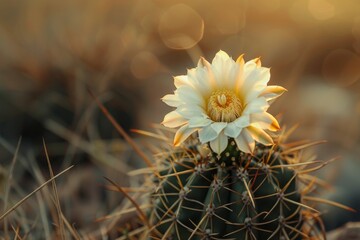 A delicate cactus flower blooms with resilience and beauty in a warm, golden hour light.

