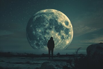 A solitary figure stands before a massive moon, evoking wonder and solitude in a surreal landscape.

