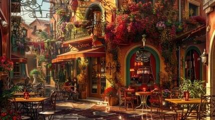 Fototapeta premium Restaurant is right at the street corner, offering a picturesque view of the street and an exotic atmosphere.
