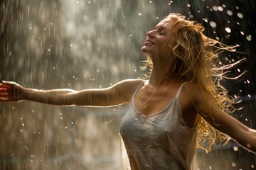 Woman in white tank top dances in pouring rain