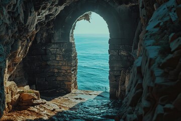 Arched doorway in a rocky cliff opening to the sea with sunlight

