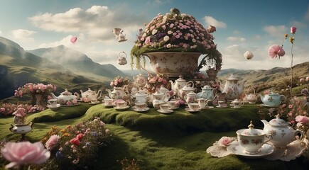Giant tea party: a Wonderland landscape that features a giant tea party, with oversized teapots, teacups, and plates. The landscape can be filled with whimsical elements such as talking flowers