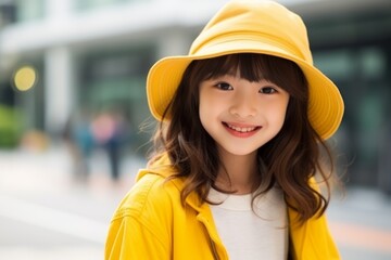 beautiful asian woman in yellow jacket and hat looking at camera