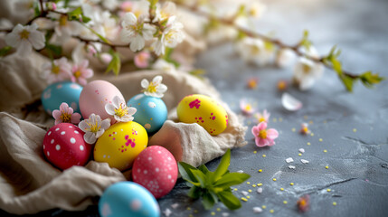 Fototapeta na wymiar Easter Still Life with Colorful Eggs and Sakura Branches Close-up