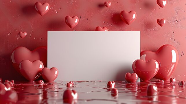 Valentine's Day card with a red gradient background featuring floating hearts with a glossy
