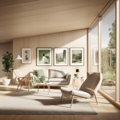 Modern Scandinavian Style Living Room Interior with Forest View

