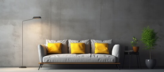 Modern interior design featuring a comfortable sofa and bright details against a concrete wall backdrop