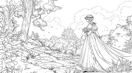 A simple fairytale coloring page, low detail, no shadding, line drawing, vintage styleA simple fairytale coloring page, low detail, no shadding, line drawing, vintage style