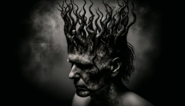 Mystical Entity with Flamboyant Hair and Dark Aura, Digital Art of Surreal and Dark Fantasy Theme