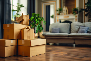 Stack of cardboard boxes with household belongings on wooden floor in living room of old classical style house. Moving to new home, relocation, renovation, home staging, removals and delivery service