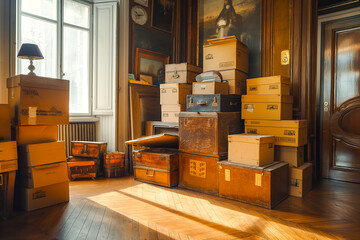 Stack of cardboard boxes with household belongings on wooden floor in living room of old classical style house. Moving to new home, relocation, renovation, home staging, removals and delivery service