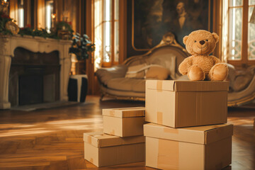 Stack of cardboard boxes with household belongings on wooden floor in living room of old classical style house. Moving to new home, relocation, renovation, home staging, removals and delivery service