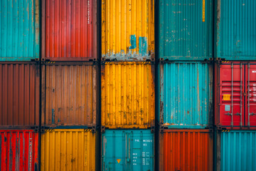 Stacked cargo containers in the storage area of freight sea port terminal, concept of export-import and national delivery of goods.