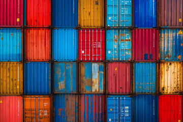 Stacked cargo containers in the storage area of freight sea port terminal, concept of export-import and national delivery of goods.