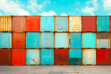 Fototapeta premium Stacked cargo containers in the storage area of freight sea port terminal, concept of export-import and national delivery of goods.