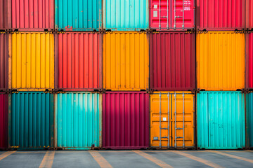 Fototapeta premium Stacked cargo containers in the storage area of freight sea port terminal, concept of export-import and national delivery of goods.