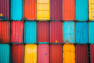 Stacked cargo containers in the storage area of freight sea port terminal, concept of export-import and national delivery of goods.