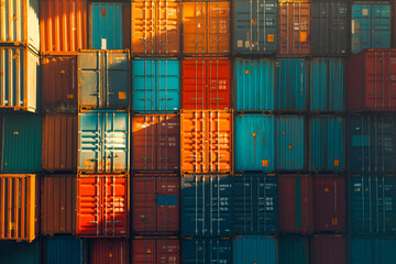 Fototapeta premium Stacked cargo containers in the storage area of freight sea port terminal, concept of export-import and national delivery of goods.