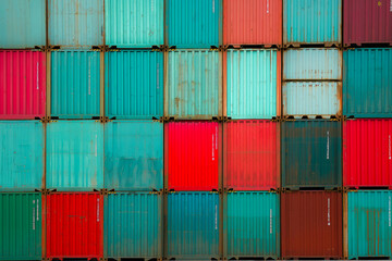 Stacked cargo containers in the storage area of freight sea port terminal, concept of export-import and national delivery of goods.