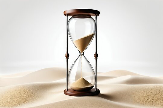 Hourglass, full body, isolated against a pure white background, shadows creating depth, sand texture visible, showcasing the smooth transition of granules, high resolution, stock photo quality, clear