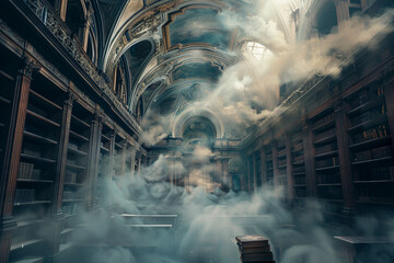 A fog-filled vintage library with ethereal ambiance