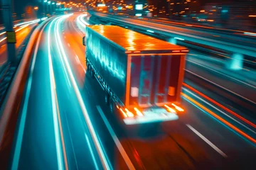Foto op Canvas Truck on highway, speedway, street in night time. Motion blur, light trails. Transportation, logistic, highway traffic concept. © MVProductions