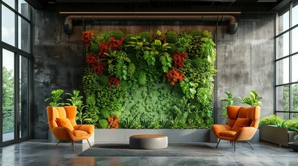 Tuinposter Green living wall with perennial plants in modern office. Urban gardening landscaping interior design. Fresh green vertical plant wall inside office © Dianne