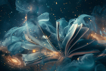 Book pages fluttering against a backdrop of the galaxy - obrazy, fototapety, plakaty