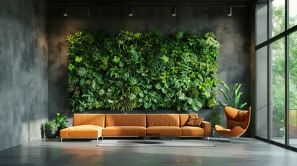 Foto op Canvas Green living wall with perennial plants in modern office. Urban gardening landscaping interior design. Fresh green vertical plant wall inside office © Dianne