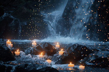 Candlelight mingling with waterfall spray - obrazy, fototapety, plakaty