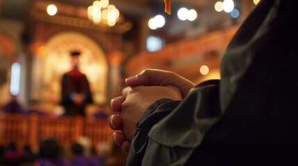 A hand clasped tightly with a graduation cap a symbol of the hard work and dedication that brought the class to this moment. In the background a speaker can be seen on stage