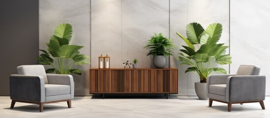 Interior design of a living area or reception space featuring a grey carpet armchair plant and cabinet on a marble floor background