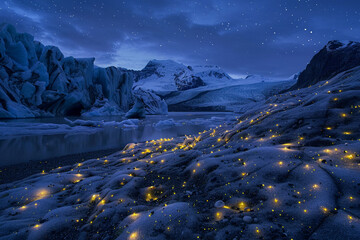 Fireflies illuminating a glaciers edge - obrazy, fototapety, plakaty
