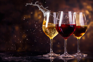Two glasses of red and white wine with splash reflect one another on dark background, wine splash - obrazy, fototapety, plakaty