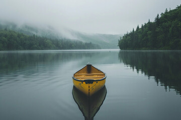 Lake minimalism a single canoe on still water - obrazy, fototapety, plakaty