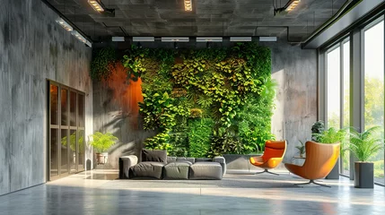Fotobehang Green living wall with perennial plants in modern office. Urban gardening landscaping interior design. Fresh green vertical plant wall inside office © Dianne
