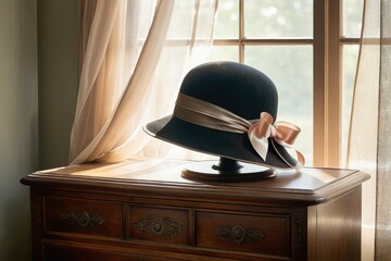 Vintage hat, 1920s style, cloche with a silk ribbon, resting on an antique wooden dresser, near an open window with sheer curtains billowing gently, soft backlighting, natural light - obrazy, fototapety, plakaty