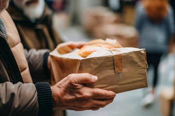 Volunteer hands giving to poor old homeless man food. Donation, charity, sharing, help and hope concept