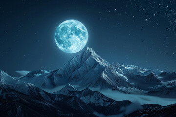 Minimalist mountain landscape under a full moon