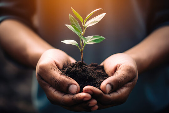 A person is holding a small plant in their hands. The plant is green and he is a seedling. The person's hands are covered in dirt, indicating that they have been working with the plant