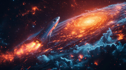 This abstract infographic uses a galactic theme to convey the limitless potential of investment growth. A spaceship zooms towards a distant planet representing the journey