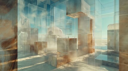 Transparent layers of geometric shapes suspended in a surreal 3D space, painting a picture of simplicity and complexity coexisting.