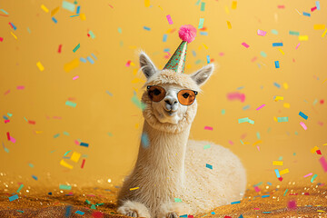 Obraz premium Alpaca with party hat and sunglasses on gold background with confetti, carnival or other festive celebration. Generative ai. A001